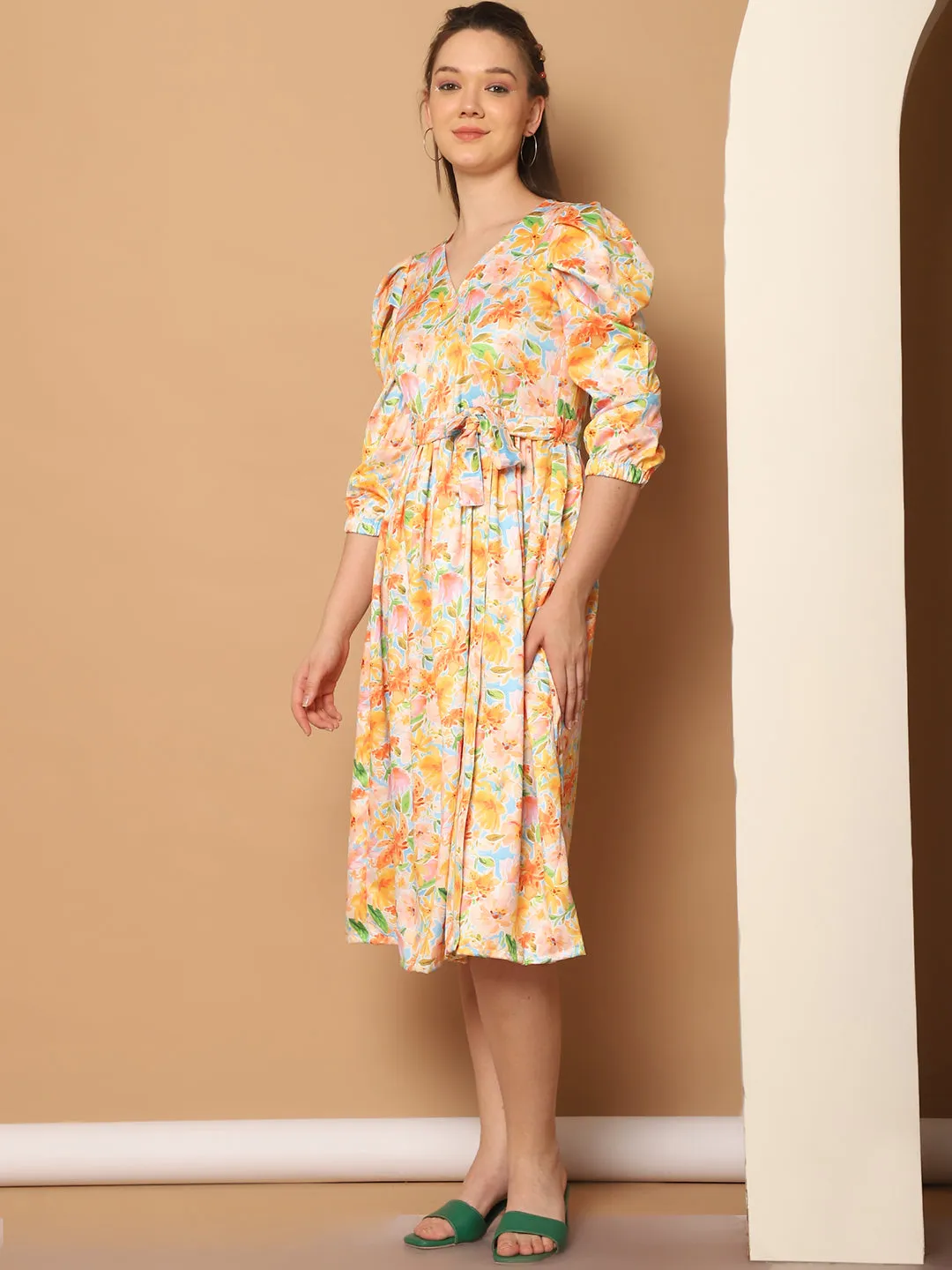 Floral Printed Puff Sleeves Midi Dress