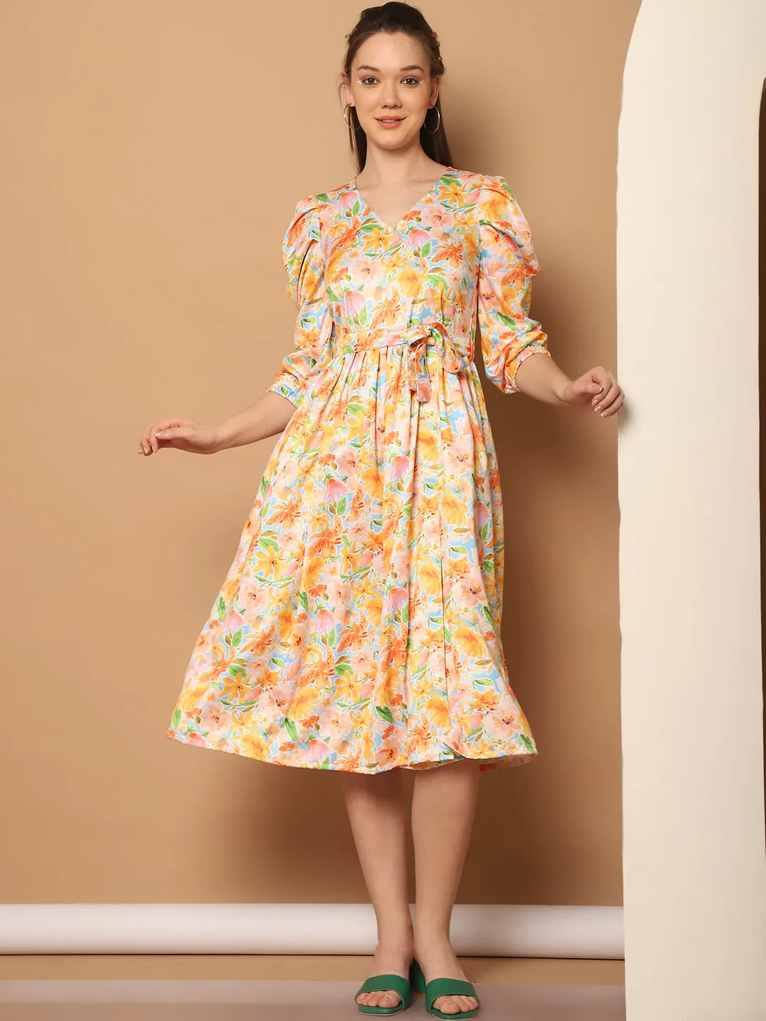 Floral Printed Puff Sleeves Midi Dress