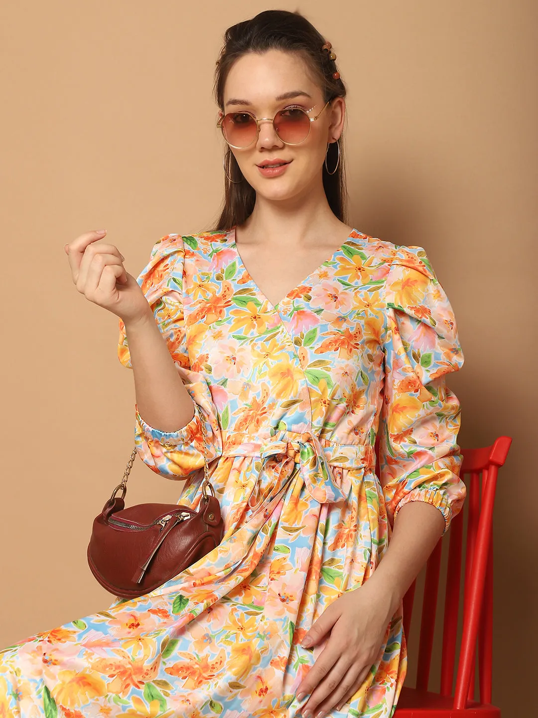 Floral Printed Puff Sleeves Midi Dress