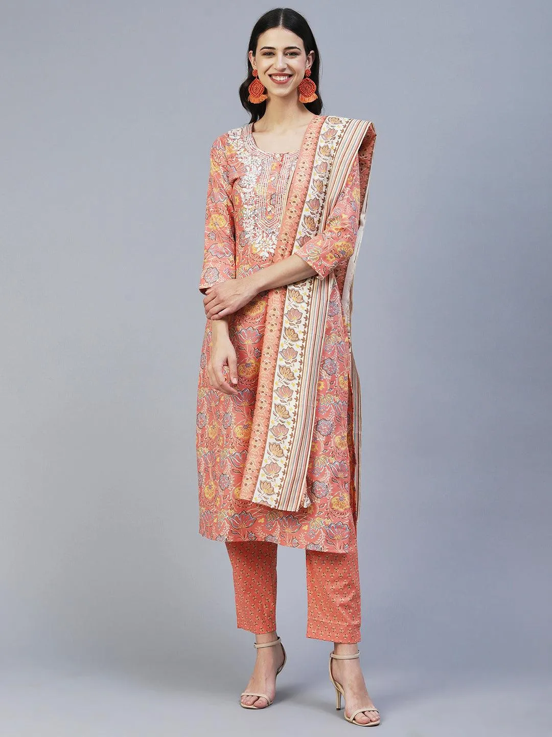 Floral Printed Resham Embroidered Kurta With Pants & Printed Dupatta - Peach