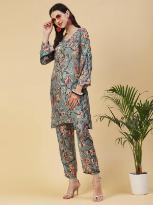 Floral Printed Resham Embroidered Kurta With Printed Pants - Multi