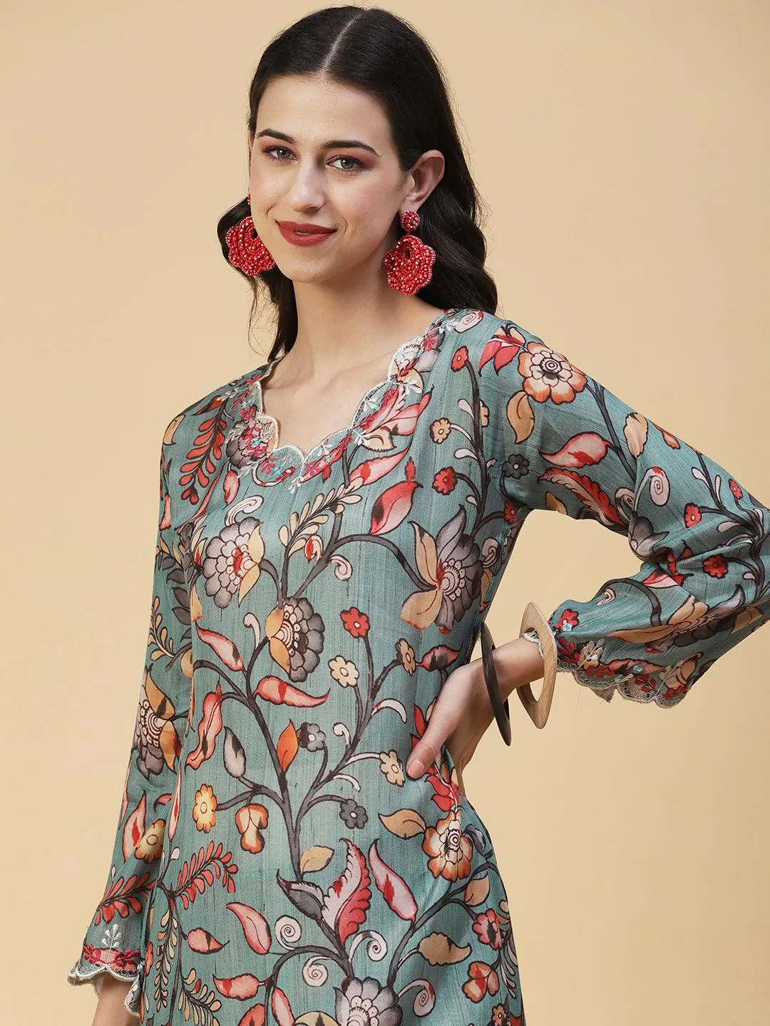 Floral Printed Resham Embroidered Kurta With Printed Pants - Multi