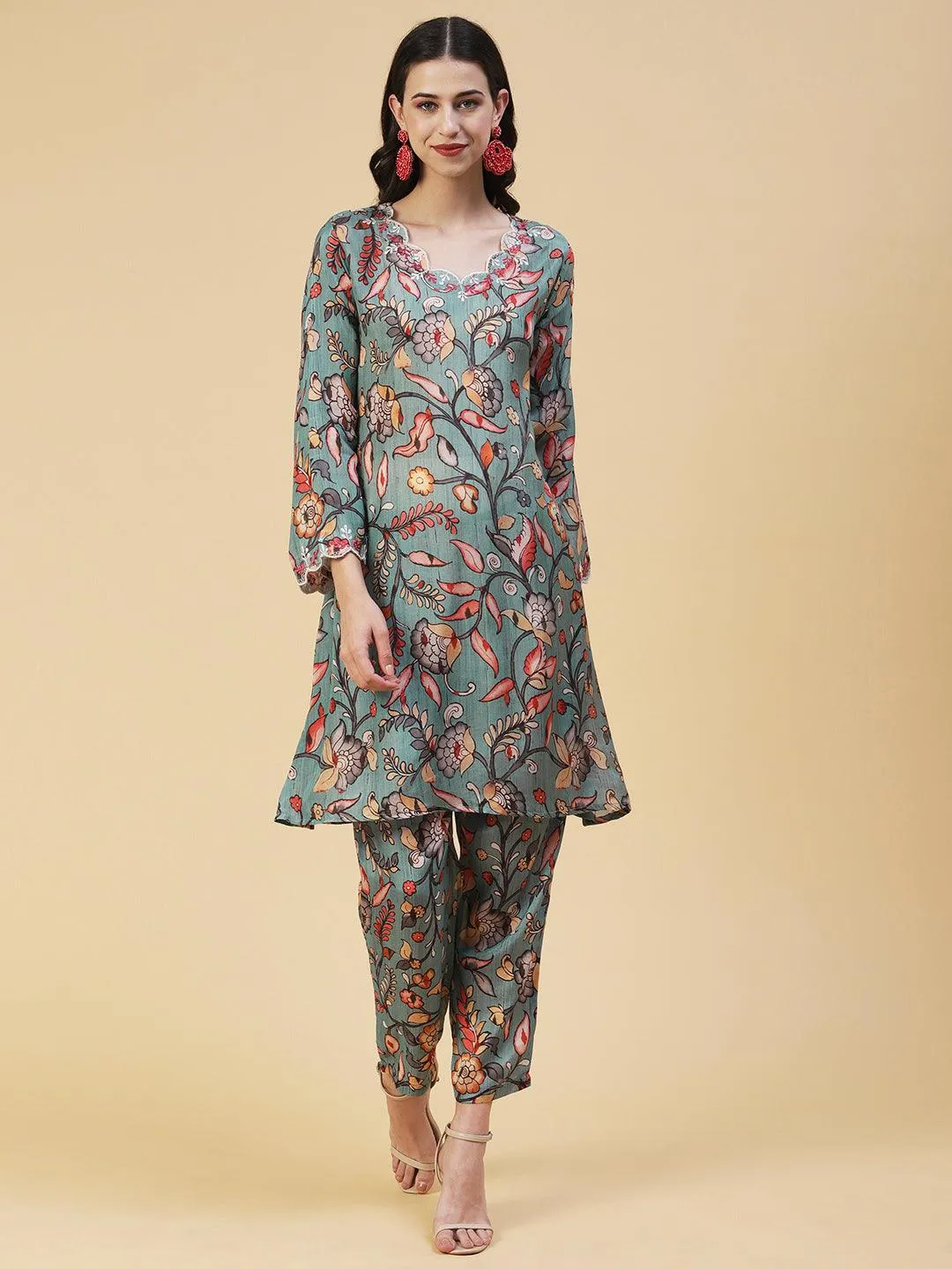 Floral Printed Resham Embroidered Kurta With Printed Pants - Multi