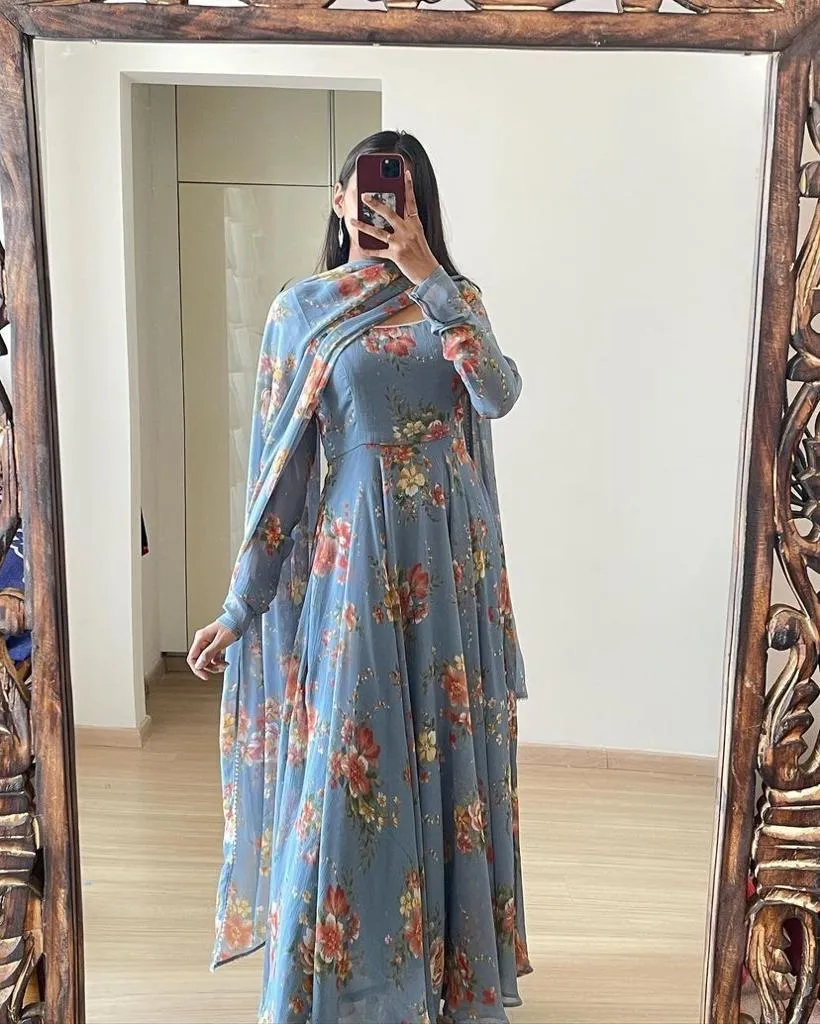 Floral Printed Sky Blue Color Designer Gown