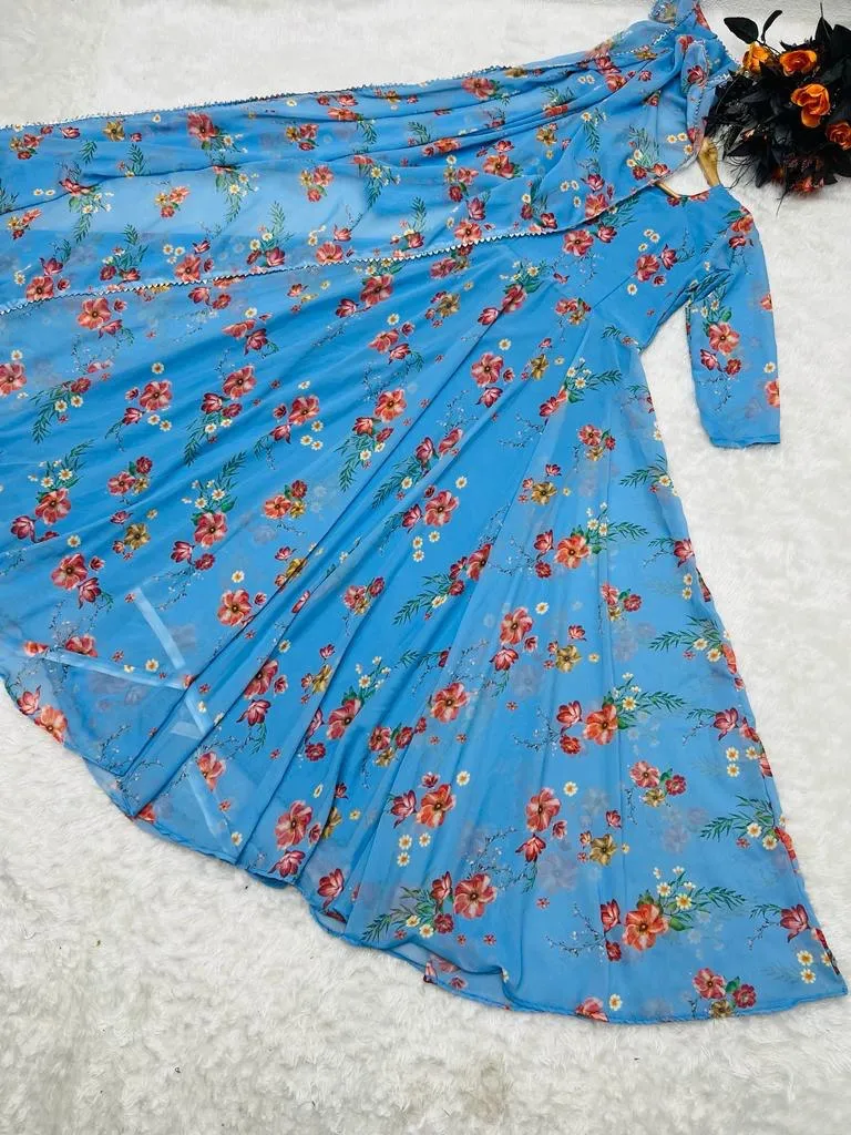 Floral Printed Sky Blue Color Designer Gown