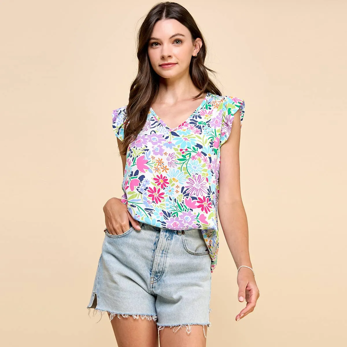 Floral Printed Top V Neck with Ruffled Sleeves