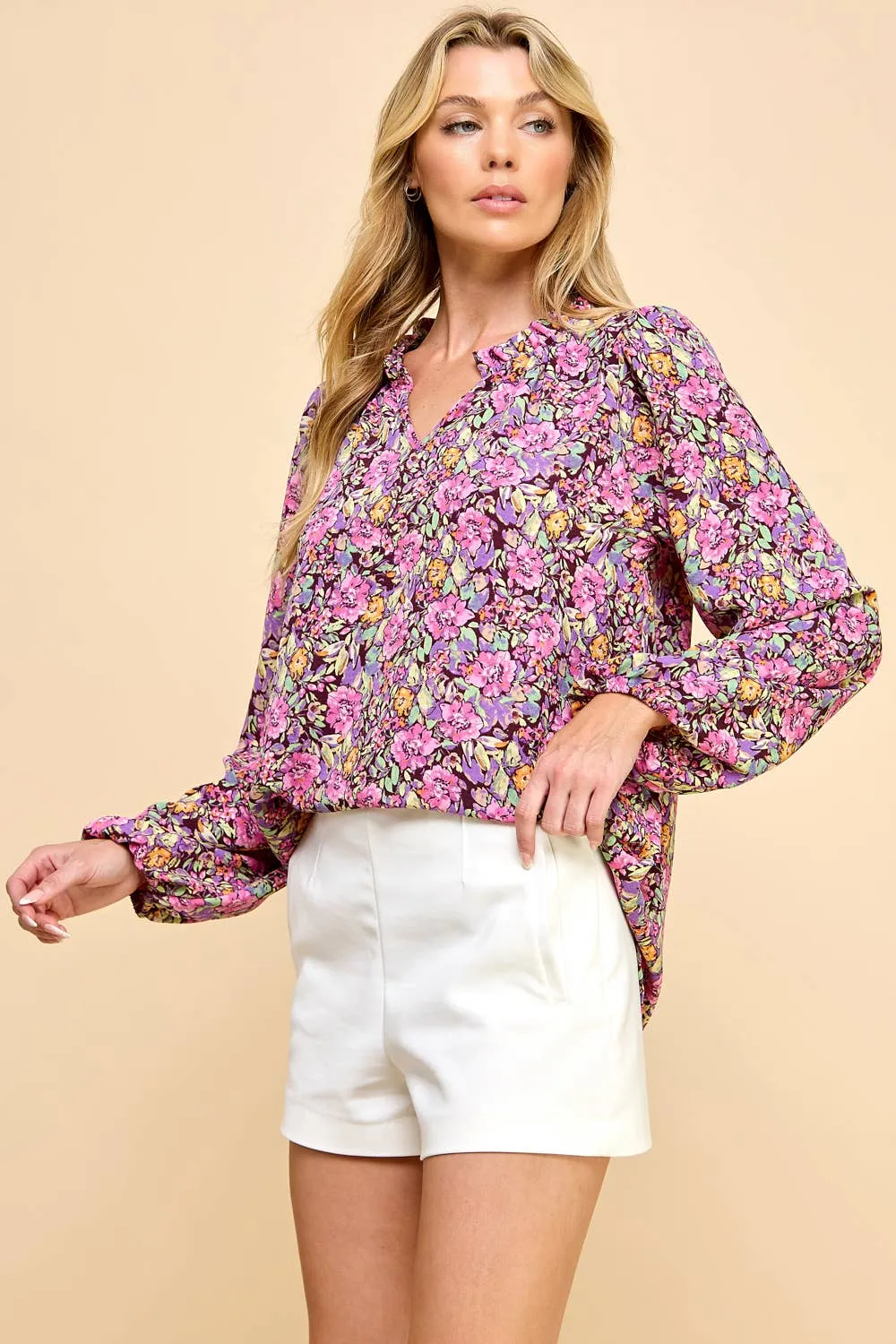 Floral Printed Top with V Neck Detail