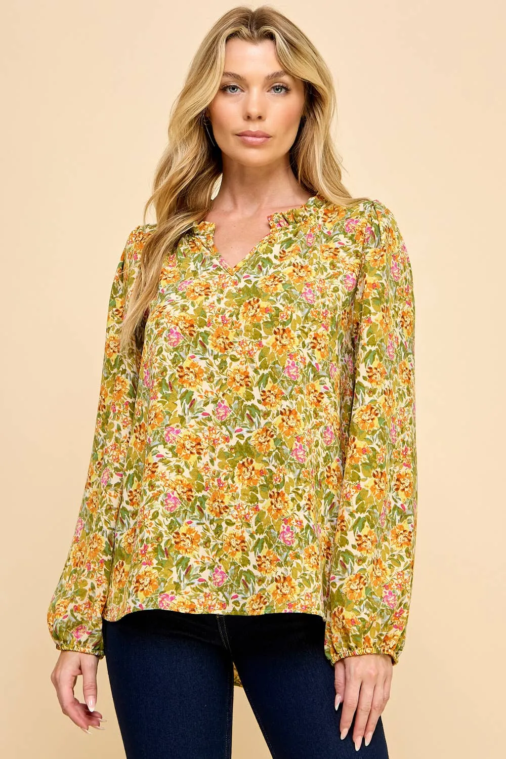 Floral Printed Top with V Neck Detail