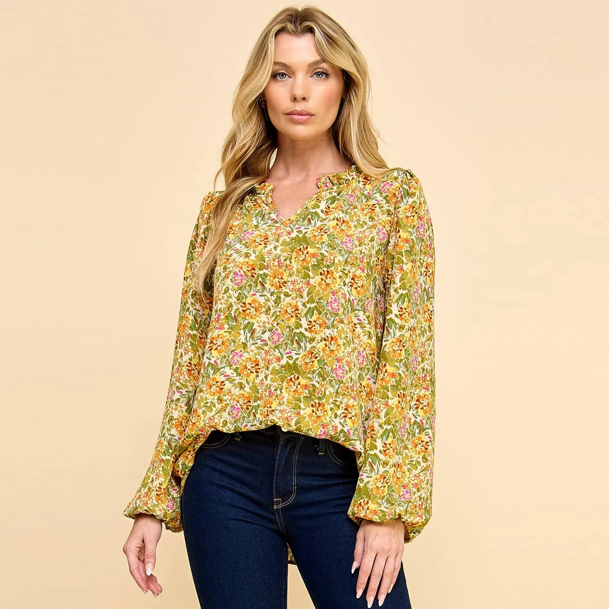 Floral Printed Top with V Neck Detail