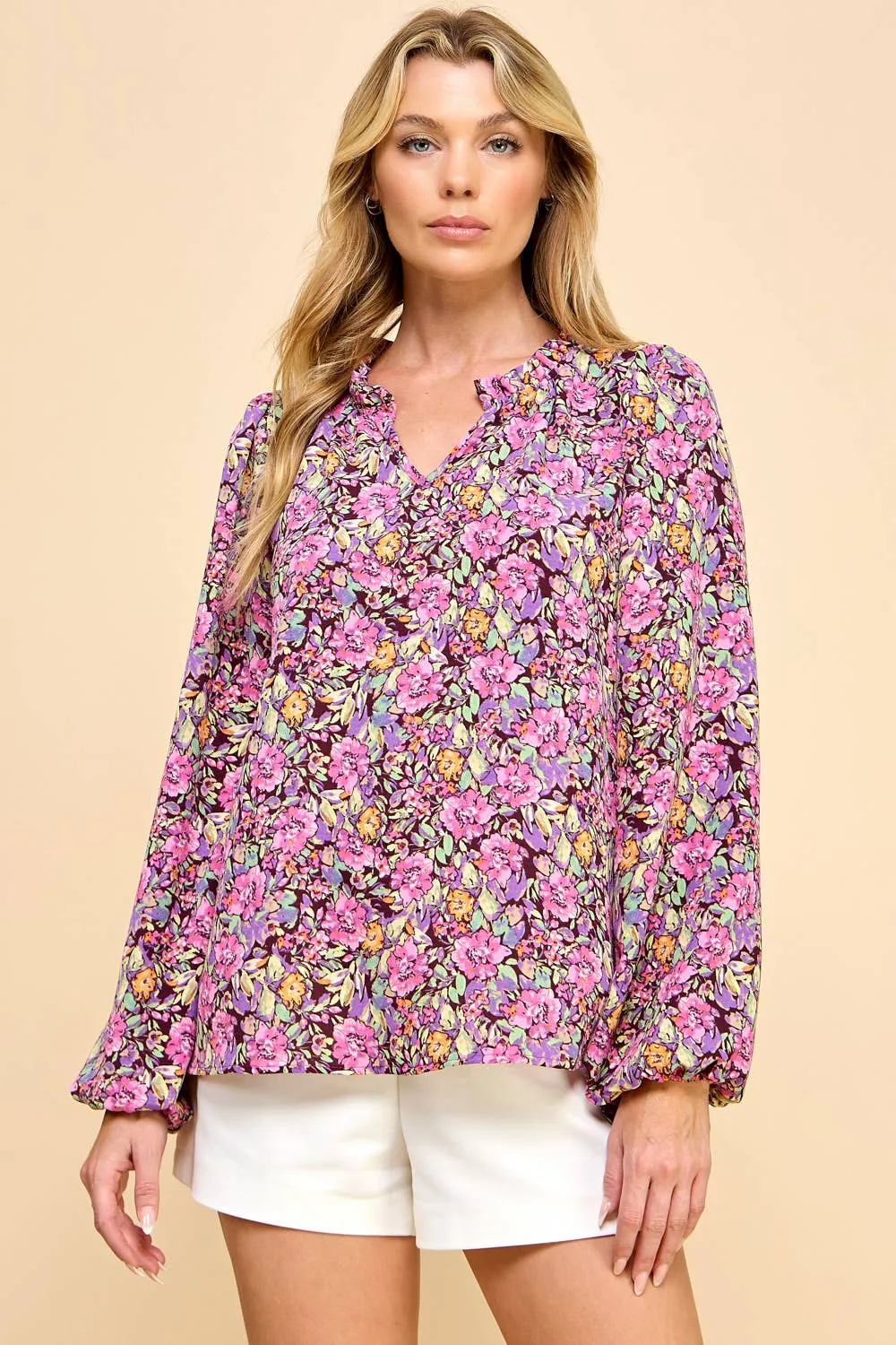 Floral Printed Top with V Neck Detail