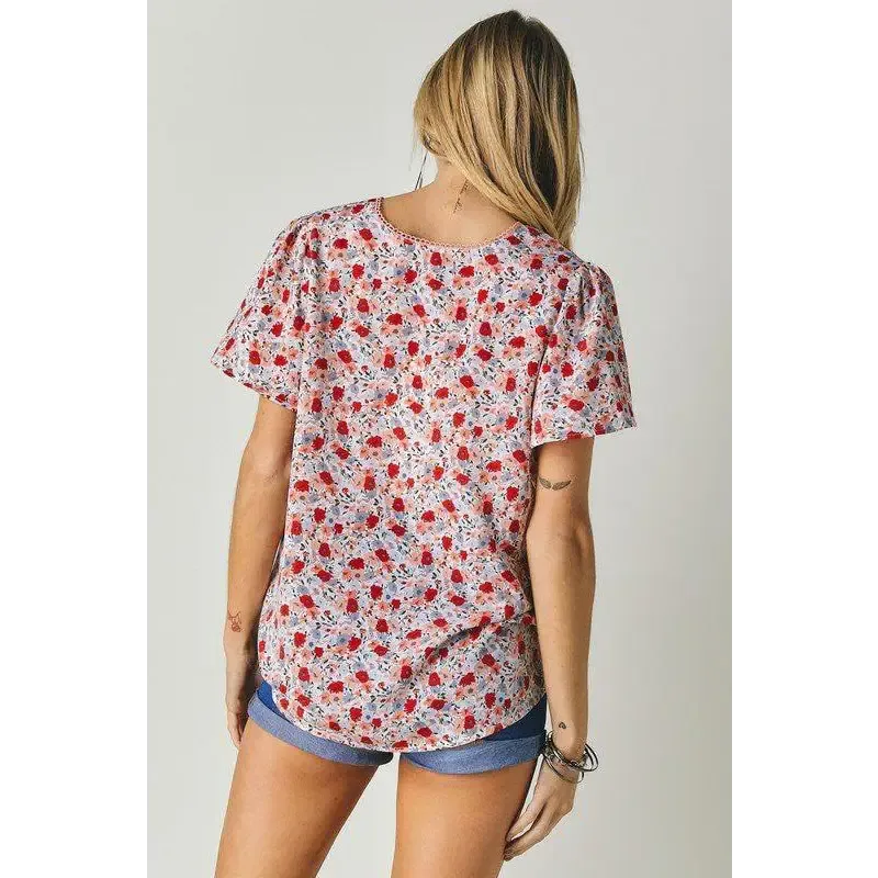 FLORAL PRINTED V NECK SHORT SLEEVE TOP