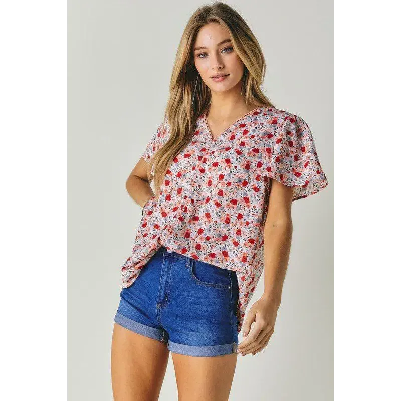 FLORAL PRINTED V NECK SHORT SLEEVE TOP