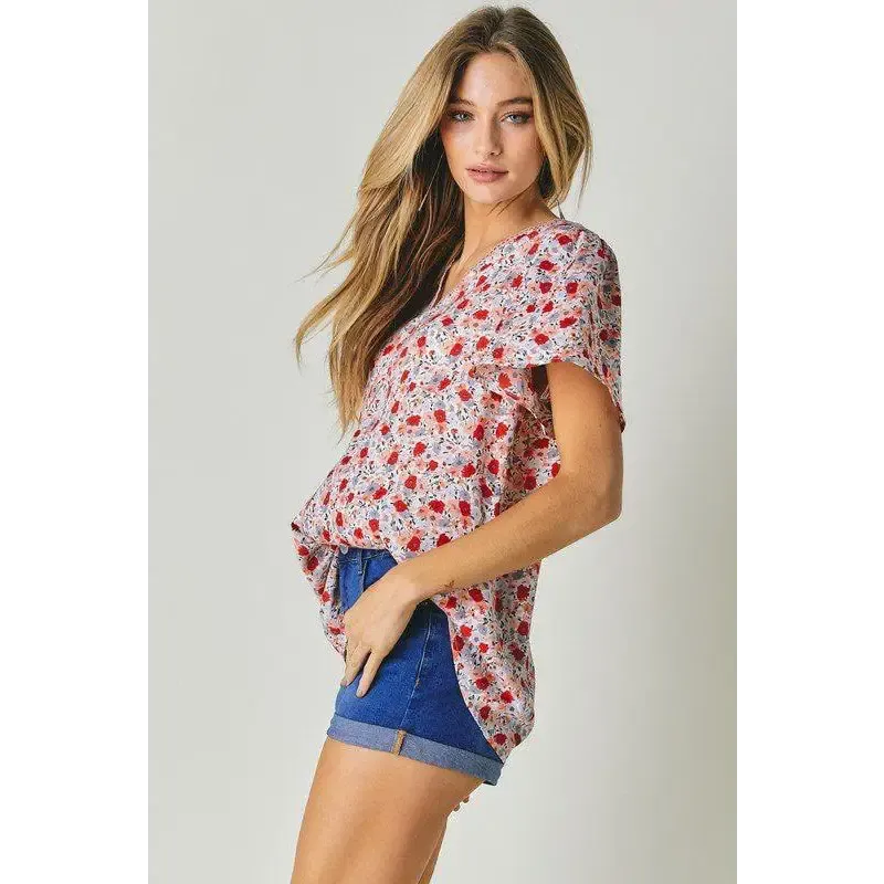 FLORAL PRINTED V NECK SHORT SLEEVE TOP