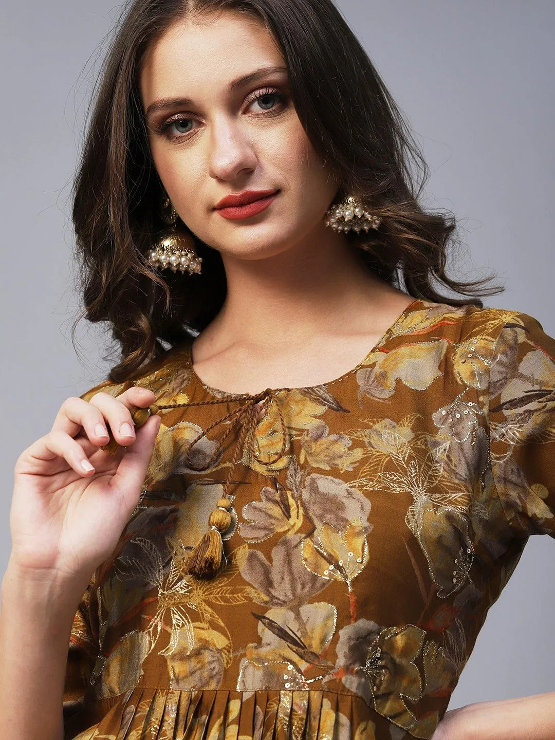 Floral Printed Zari Embroidered Gathered High Slit Kurta With Pants - Mustard