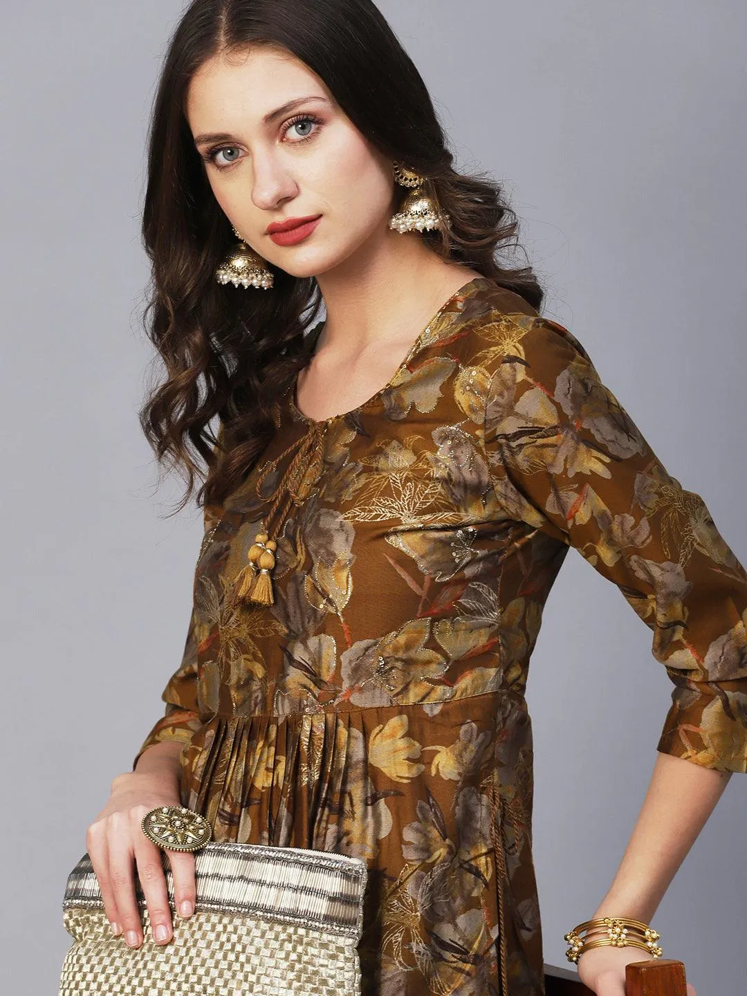 Floral Printed Zari Embroidered Gathered High Slit Kurta With Pants - Mustard