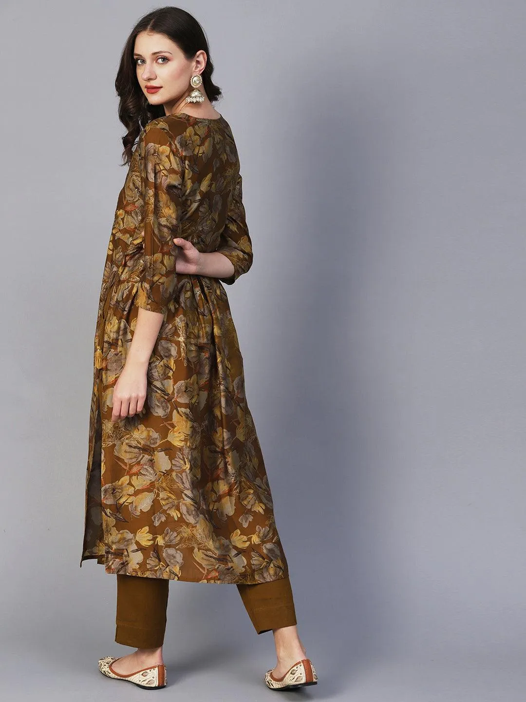 Floral Printed Zari Embroidered Gathered High Slit Kurta With Pants - Mustard