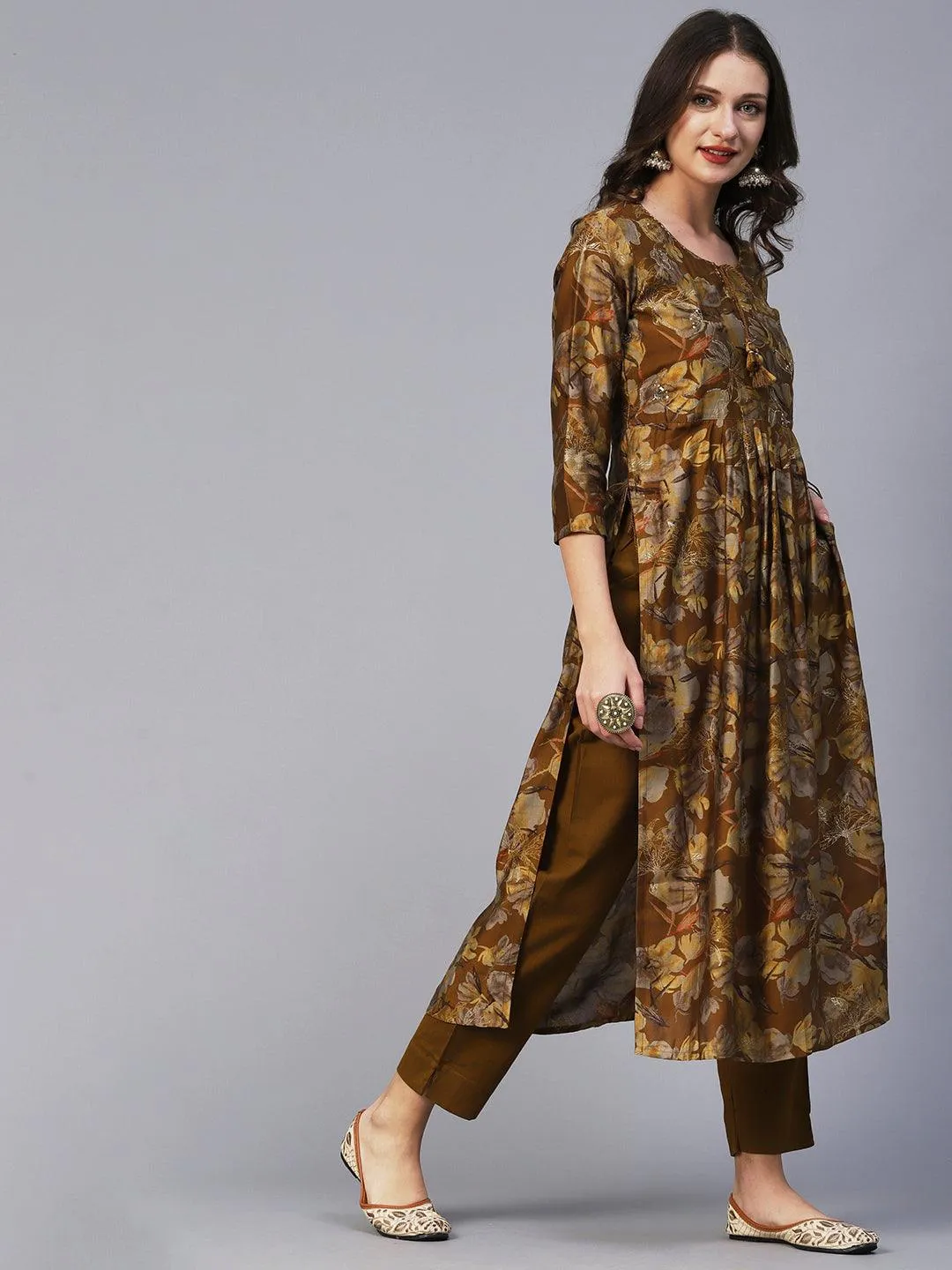 Floral Printed Zari Embroidered Gathered High Slit Kurta With Pants - Mustard