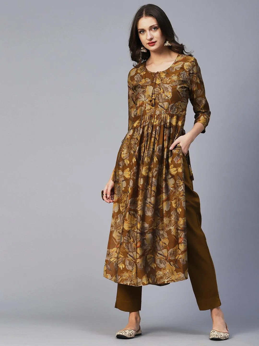 Floral Printed Zari Embroidered Gathered High Slit Kurta With Pants - Mustard