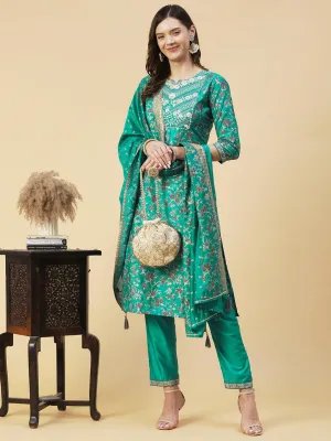 Floral Printed Zari Embroidered Kurta With Pants & Dupatta - Teal