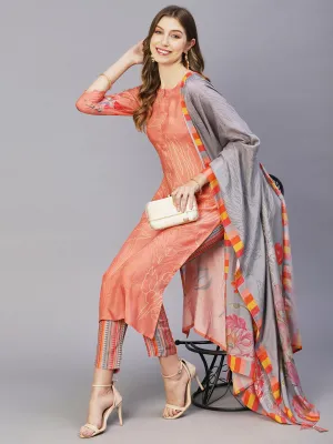 Floral Printed Zari Top Stitched Kurta With Pants & Floral Printed Tasseled Dupatta - Peach