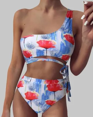 Floral Pritn One Shoulder Strappy Tanks With Panties Bikini Sets