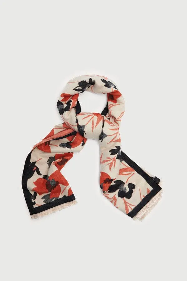 Floral Reversible Fringed Trim Scarf For Fall