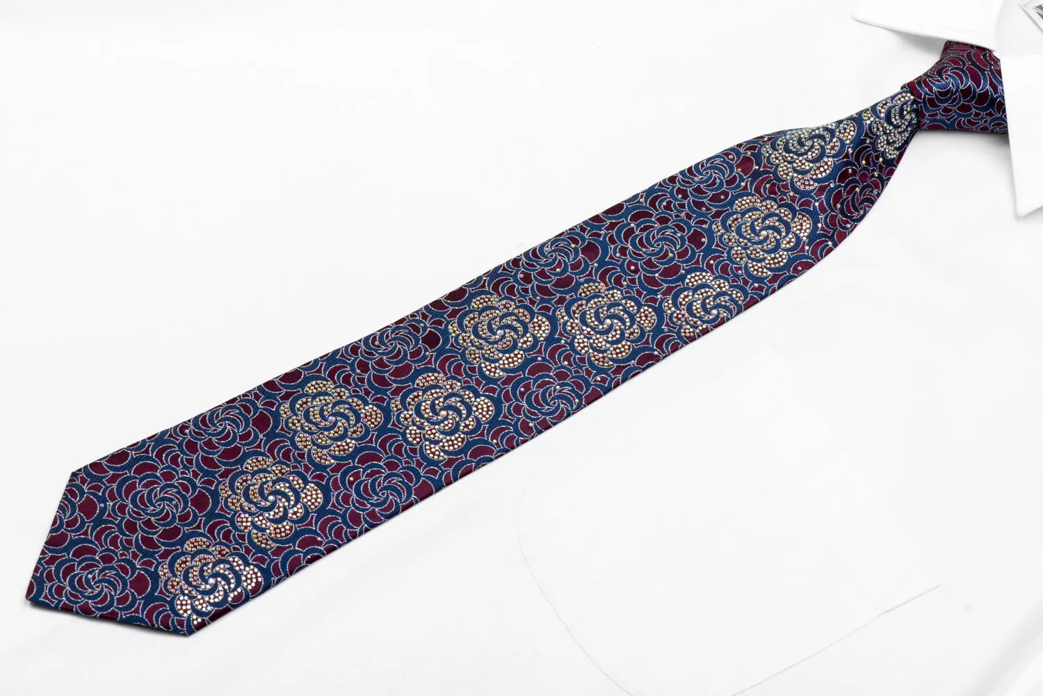 Floral Rhinestones On Burgundy Blue Silk Necktie With Silver Sparkles