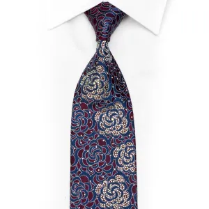 Floral Rhinestones On Burgundy Blue Silk Necktie With Silver Sparkles