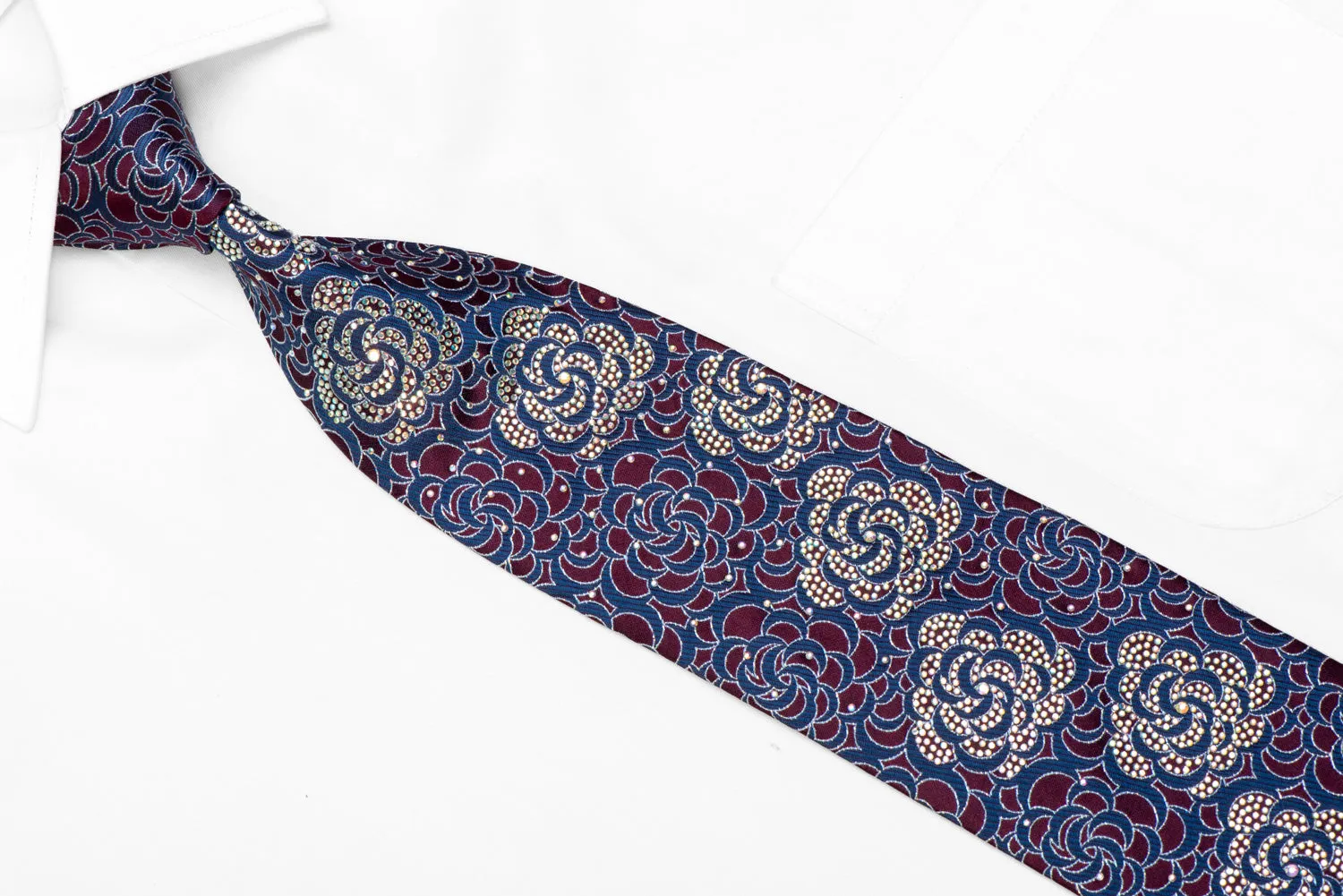 Floral Rhinestones On Burgundy Blue Silk Necktie With Silver Sparkles