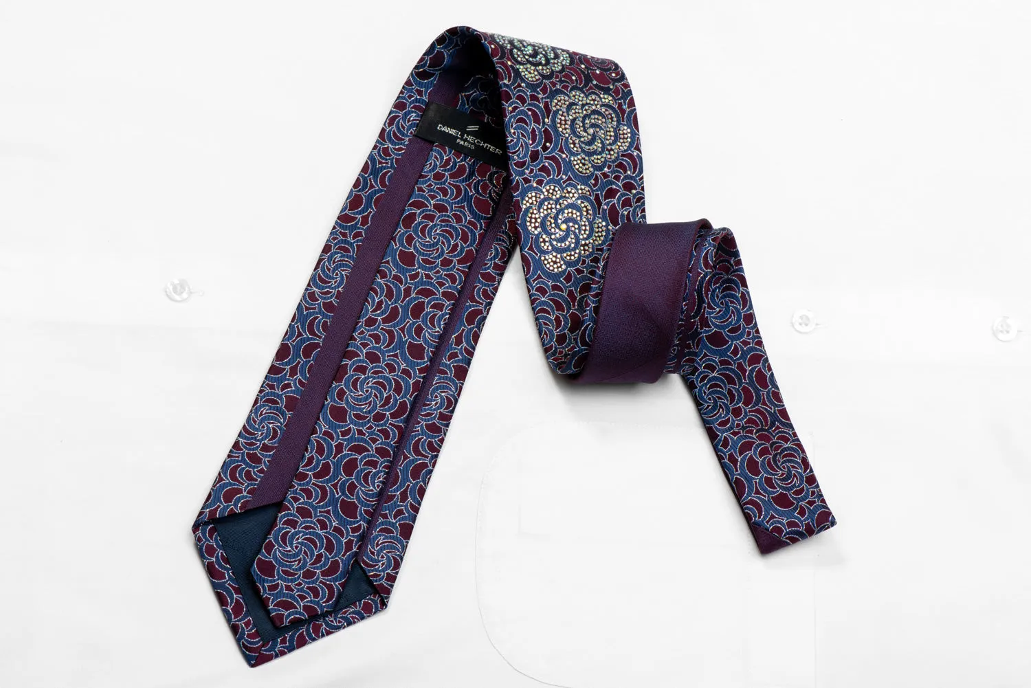 Floral Rhinestones On Burgundy Blue Silk Necktie With Silver Sparkles