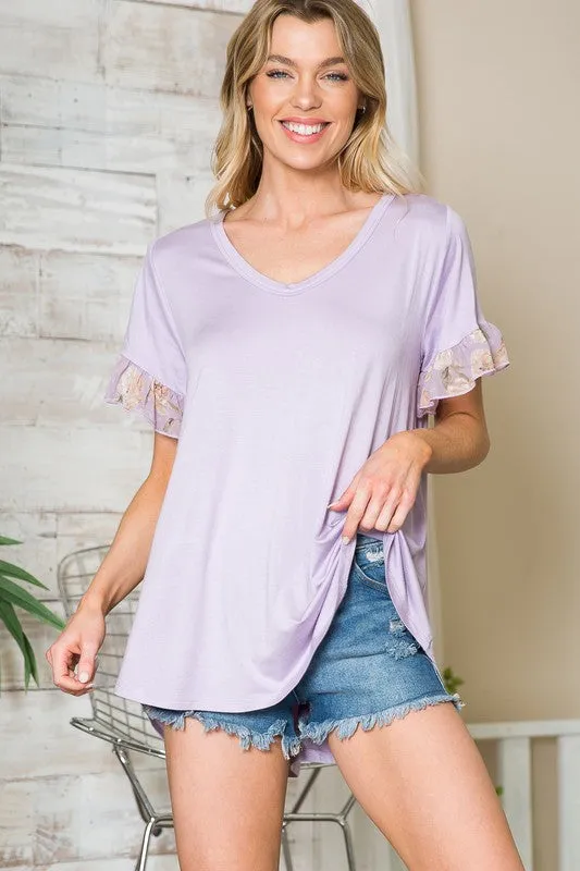 Floral Ruffle Sleeve Contrast V Neck Swing Top