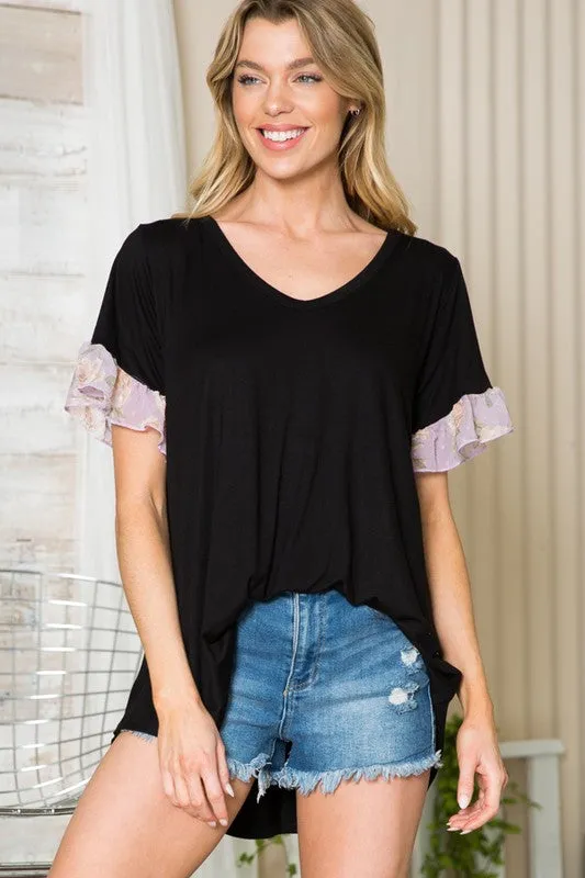 Floral Ruffle Sleeve Contrast V Neck Swing Top