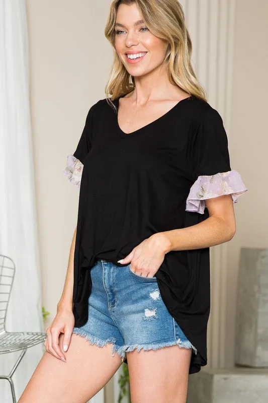 Floral Ruffle Sleeve Contrast V Neck Swing Top