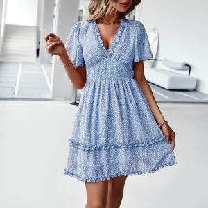 Floral Ruffle V Neck Beach Holiday Sundress A Line Sexy Chiffon Mini Summer Dress