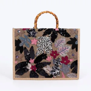 Floral Sequin Embroidery Beach Straw Bag in Black/Pink