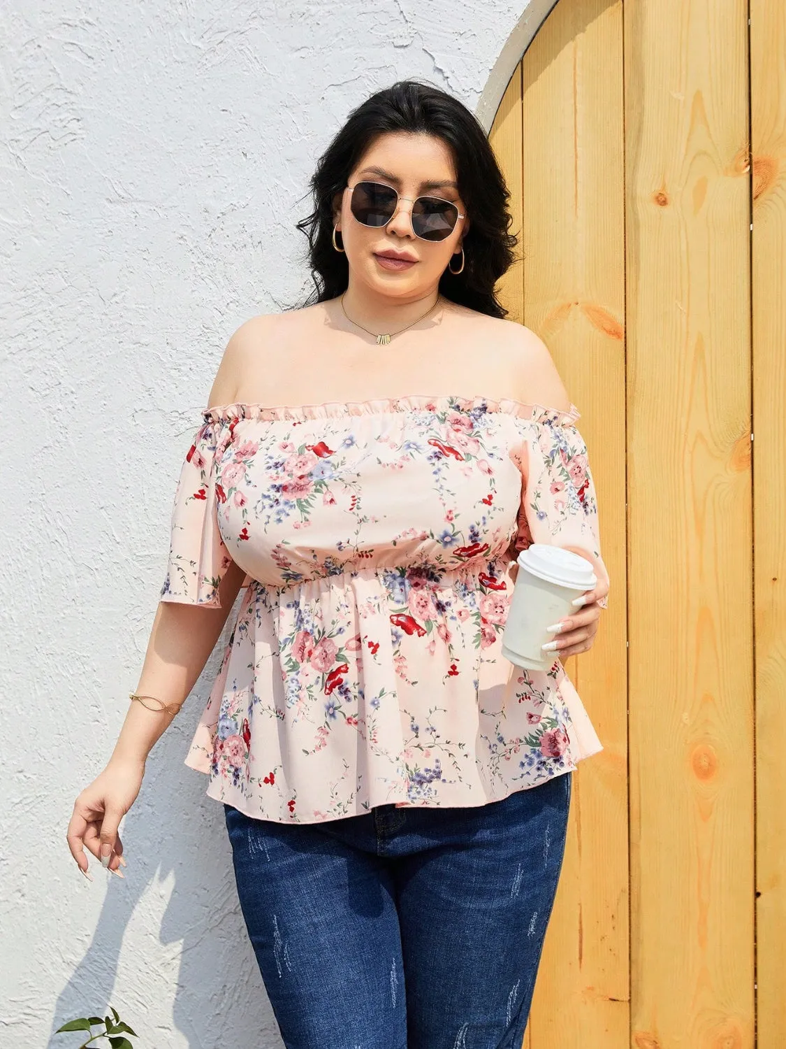 Floral Shirt Plus Size Frill Printed Flutter Sleeve Blouse