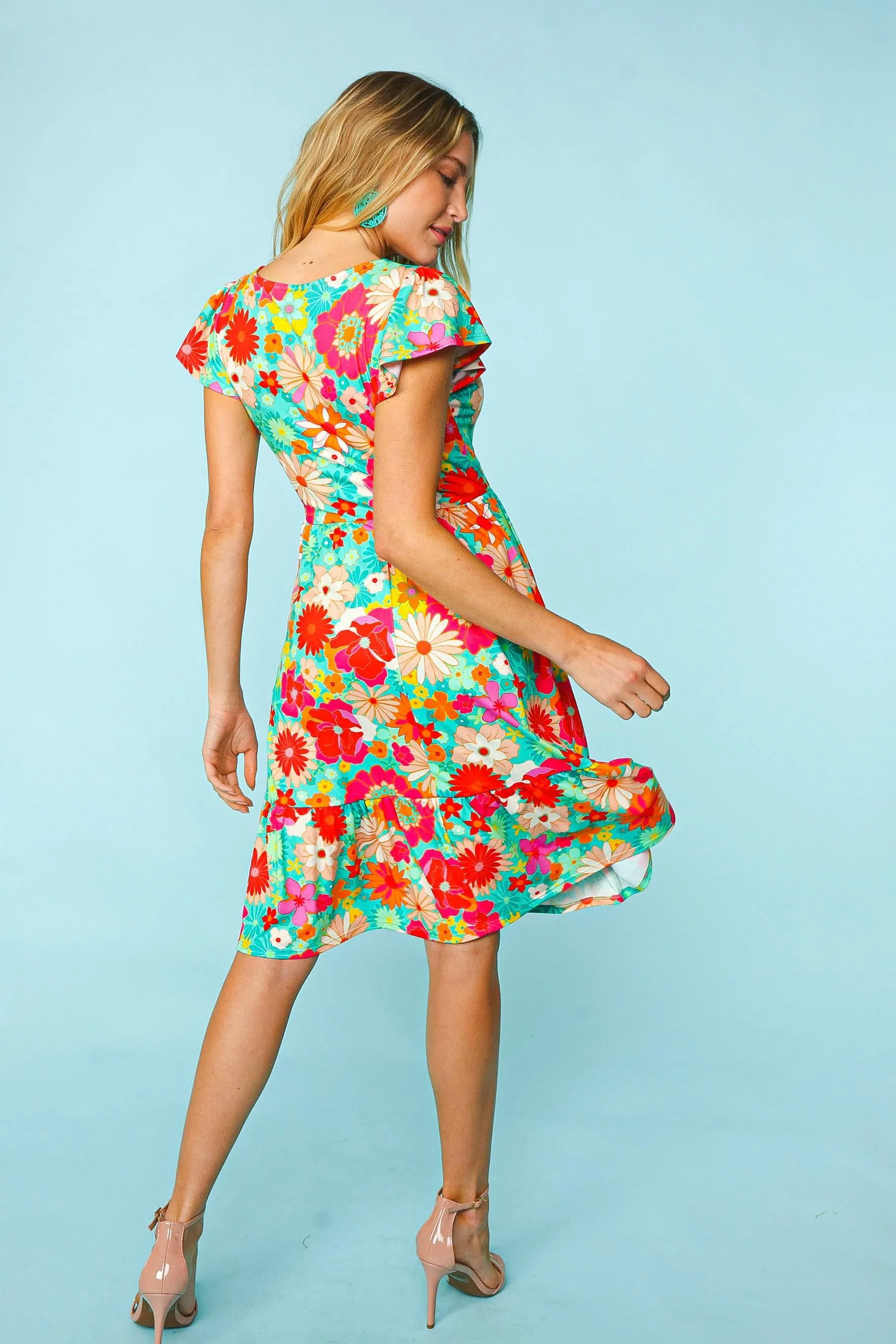 Floral Square Neck Short Sleeve Dress