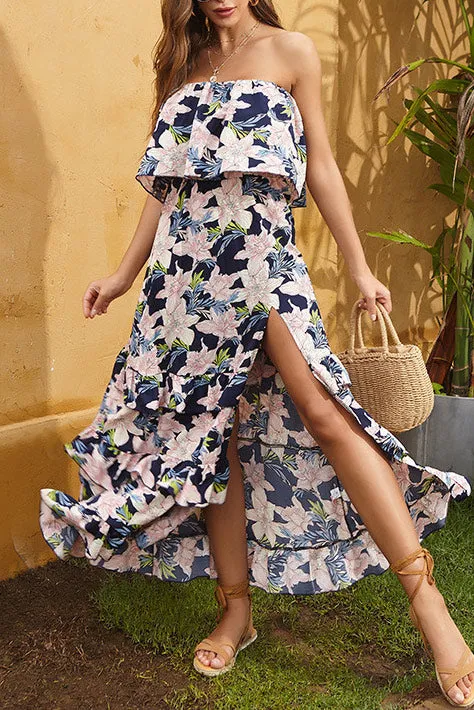 Floral Strapless Slit Ruffled Chiffon Dress