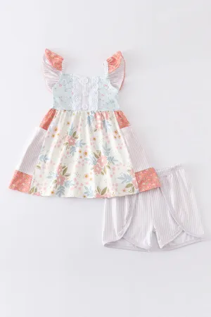 Floral Striped Ruffle Short Set