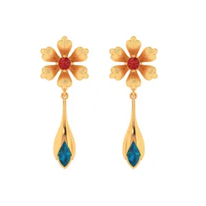 Floral Style Blue And Red Gems 22k Gold Earrings