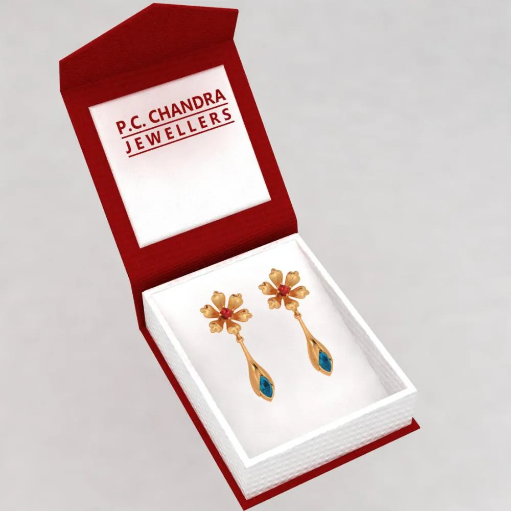 Floral Style Blue And Red Gems 22k Gold Earrings