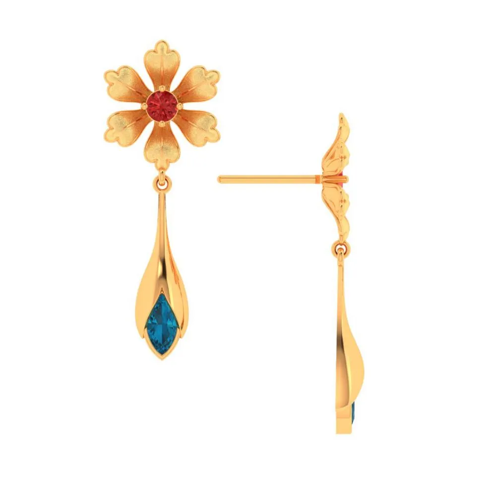 Floral Style Blue And Red Gems 22k Gold Earrings