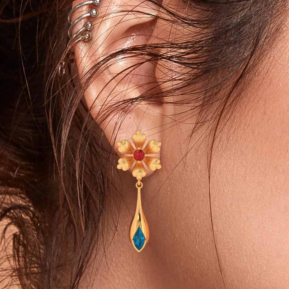 Floral Style Blue And Red Gems 22k Gold Earrings