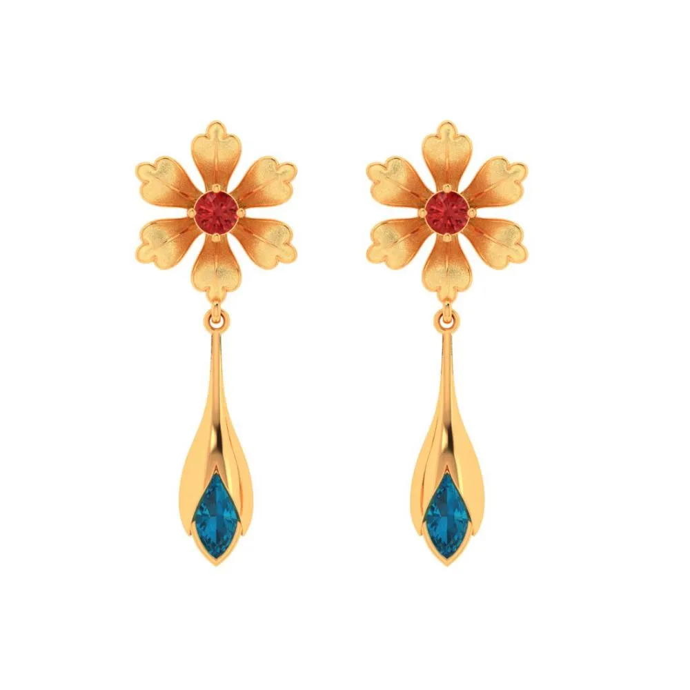 Floral Style Blue And Red Gems 22k Gold Earrings