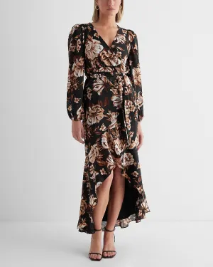 Floral Surplice Ruffle Hi-Lo Maxi Dress in Black Print