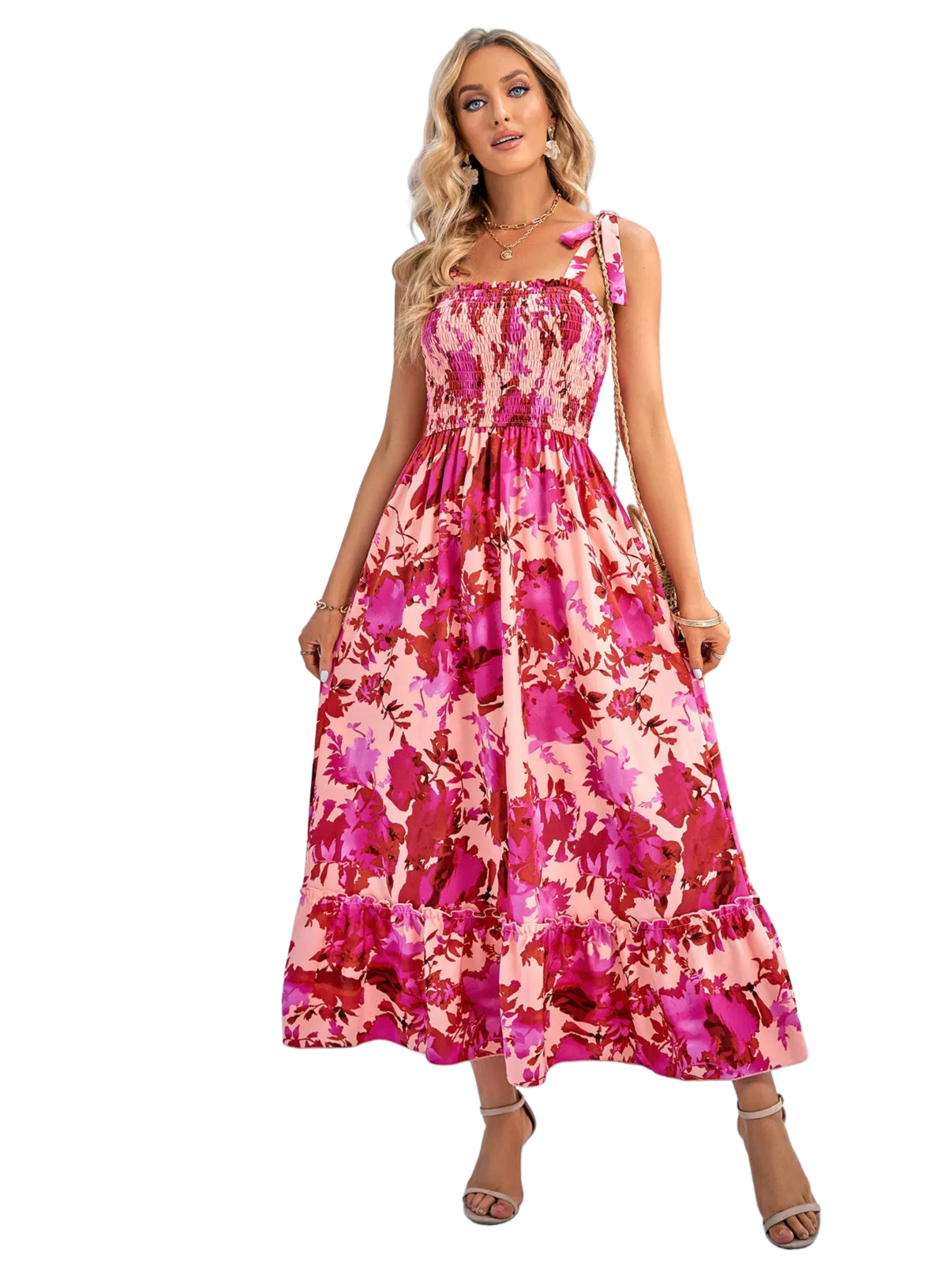 Floral Tie-Shoulder Frill Trim Smocked Dress