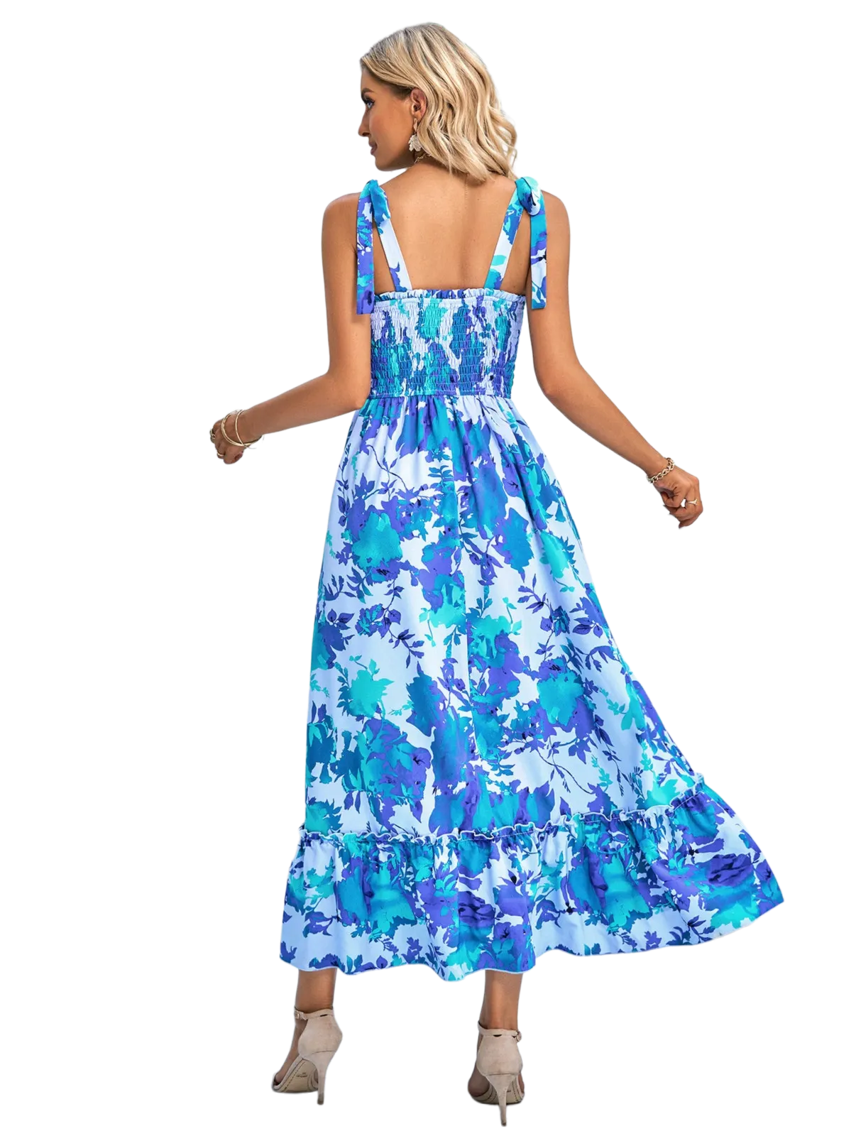 Floral Tie-Shoulder Frill Trim Smocked Dress