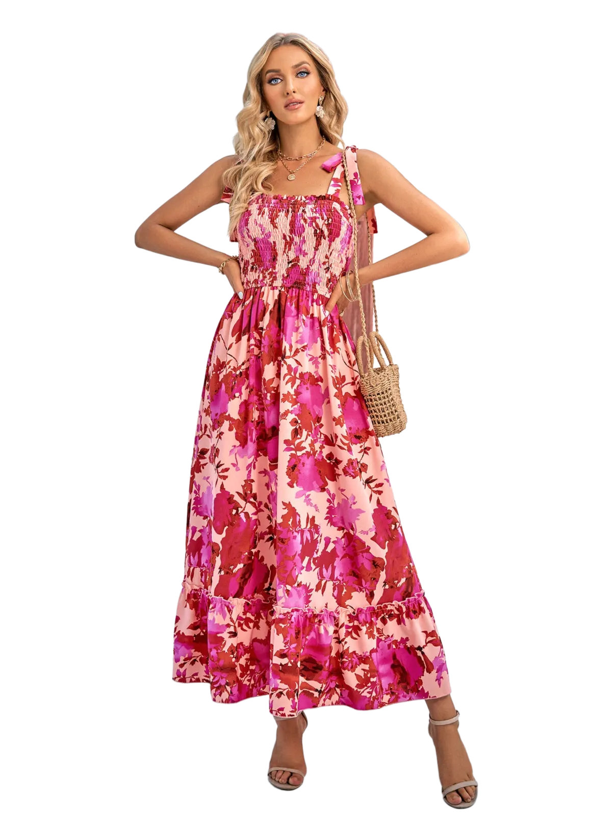 Floral Tie-Shoulder Frill Trim Smocked Dress