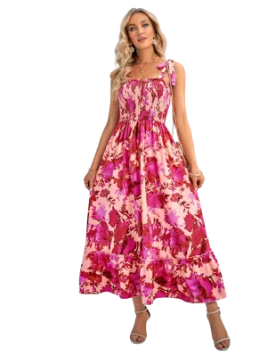 Floral Tie-Shoulder Frill Trim Smocked Dress