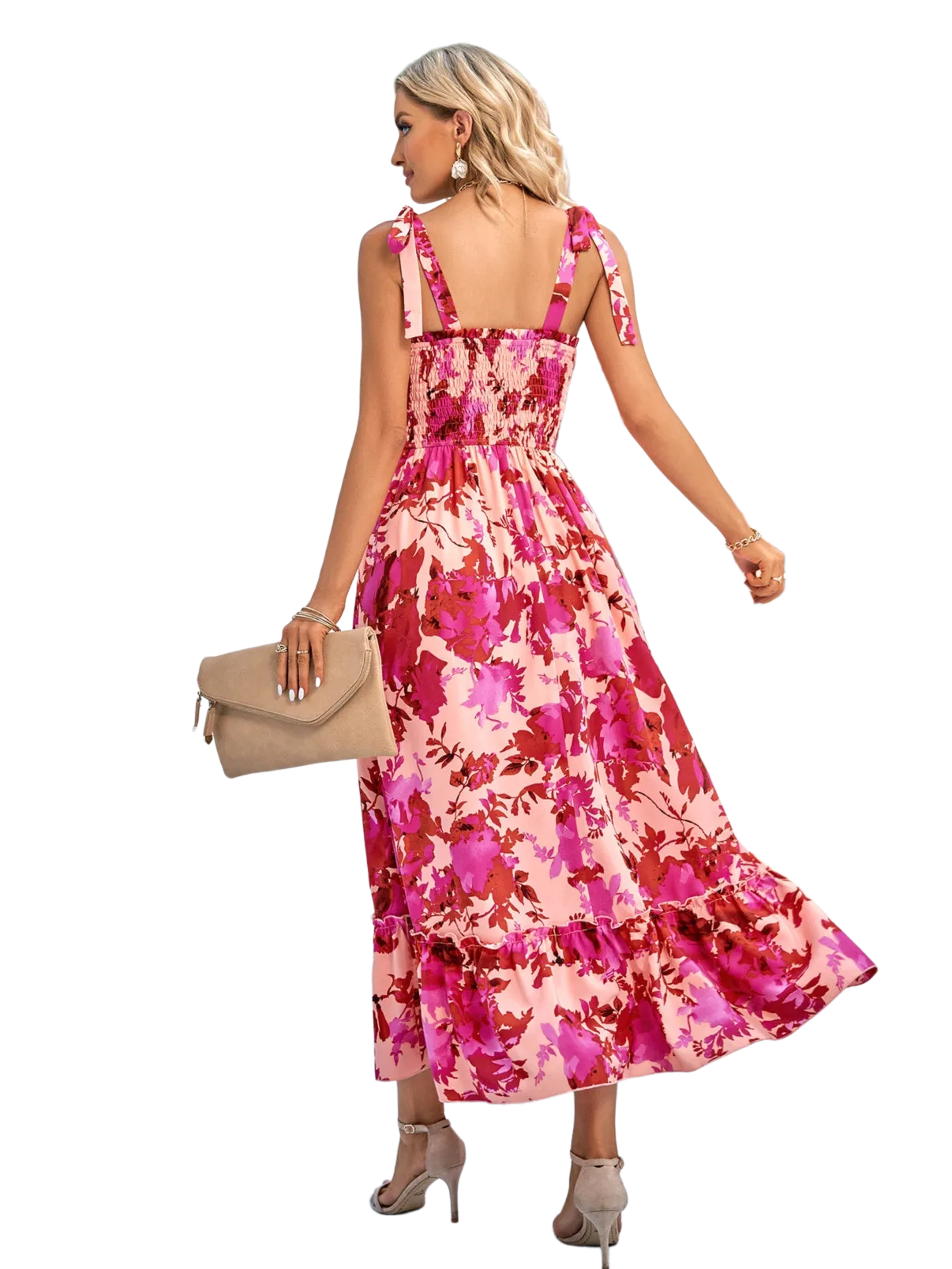 Floral Tie-Shoulder Frill Trim Smocked Dress